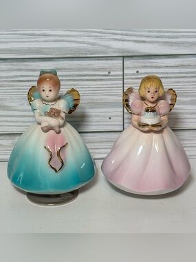 Vtg Josef Originals Angel Music Box Set Teddy Bear Pink Cake Applause Musical